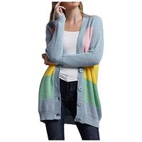 HNTDG Women's Open Front Stripe Rainbow Stitching Loose Knitted Button Down Cardigan Sweater
