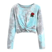 FRCOLT Autumn Women Rose Embroidered Patch Aquarelle Twist Sweatshirt Tops Pullover (S, Blue)