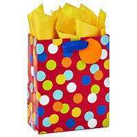 Hallmark 9" Medium Gift Bag with Tissue Paper (Red with Blue, White, Orange, Yellow Polka Dots) for Christmas, Holidays, Birthdays, Baby Showers, Kids Parties or Any Occasion