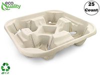 Pulp Fiber Cup Tray Biodegradable 4 Cup Carrier 25 Pack by EcoQuality - Compostable, Recyclable - for Hot and Cold Drinks. Eco-Friendly and Stackable to Keep Coffee, Tea, Soda, Boba from Spilling