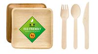 Eco Friendly Organic Disposable Biodegradable Areca Leaf Plates 8" inch Square Plates with Cutlery set - Pack of 25 pcs each (100 pcs set includes spoons, forks and knives)