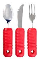 3 Piece Super Easy Grip Red Flatware Set - Bendable Built Up Large Fork, Knife, and Spoon