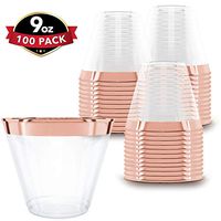 100 Rose Gold Plastic Cups | 9 oz | Hard Disposable Cups | Plastic Wine Cups | Plastic Cocktail Glasses | Plastic Drinking Cups | Bulk Party Cups | Wedding Tumblers | Clear Plastic Cups