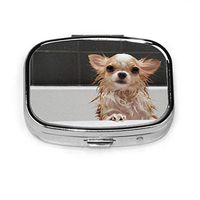 Pill Organizer Case, Small Cute Brown Chihuahua Dog Waiting Portable Pill Box Small Pill Container for Purse Or Pocket, Square Pill Box (2 Compartment)
