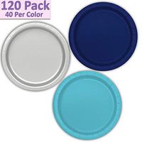120 Paper Dessert Plates (7") - Navy Blue, Silver, Aqua - 40 Per Color, 3 Colors - Great Assortment for Birthday Parties, Weddings, Holidays, Baby Shower, Celebrations, and more