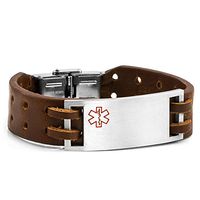 StickyJ USA Medical Alert Brown Leather ID Bracelet 8 Inch