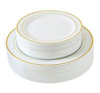 Select Settings [60 COUNT] White with Gold Trim Plastic Plates: 30 Dinner Plates and 30 Salad Plates