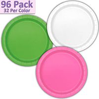 96 Paper Dinner Plates (9") - White, Lime Green, Hot Pink - 32 Per Color, 3 Colors - Great Assortment for Birthday Parties, Weddings, Holidays, Baby Shower, Celebrations, and more