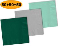 150 Beverage Napkins, Hunter Green, Shimmering Silver, Mint - 50 Each Color. 2 Ply Paper Cocktail Napkins. 5" folded, 10" unfolded.