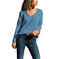 Theoylos Women's Sweater Casual V Neck Knit Long Sleeve Solid Color Oversized Pullover Ladies Slim Fit Sweaters Tops Blue