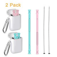 Aslanka Collapsible Silicone Drinking Straws, Reusable Straws with Cleaning Brush and Box, Portable 9.8 Inch Folding Straws for Hiking and Travel(2 Pack) (Green+Pink)