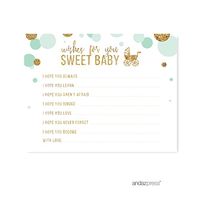 Andaz Press Mint Green Gold Glitter Boy Baby Shower Party Collection, Games, Activities, Decorations, Wishes for Baby Cards, 20-Pack