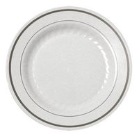 Disposable Reusable Appetizer Dinner Dessert Salad Plate for Party Catering Wedding Birthday Anniversary Shower (12 Pieces 9", White & Silver Bands)