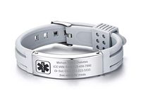 VNOX Free Engraving-Silicone Stainless Steel Medical Alert ID Adjustable Identification Bracelet,White