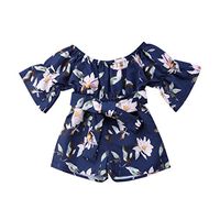 Baby Girl 's Cotton Bodysuit Bell Sleeve Off Shoulder Bow-Knot Floral Infant Romper Outfits Set for Toddler,Newborn