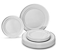 " OCCASIONS" 120 plates Pack 60 Guest Wedding Party Disposable Plastic Plates Set - 60 x 9'' Luncheon + 60 x 6.25'' Dessert plates - (White w/Silver Rim)