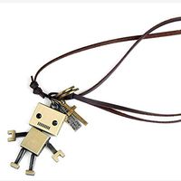 Vintage bronze square robot leather rope necklace pendant