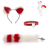 3PCS Sensuality Amal Toys for Women and Men Stainless Steel Anales Toy (Contains Headband) - Wearable Fox Tail Amal Plug Cosplay Toy for Beginners（Red & White）-S