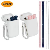 Collapsible Reusable Straws with Case and Keychain - Auswaur Silicone Retractable Drinking Foldable Straws Portable Set with Carrying Case and Cleaning Brush - 2Pack Blue and Pink