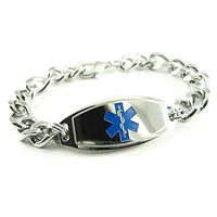 My Identity Doctor - Custom Engraved Mens Medical Alert Bracelet, 8mm Steel, Thick Figaro Chain - Blue - Wrist Size 8.5 Inch