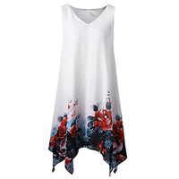 iLUGU Floral Print Vest Dresses for Women Plus Size Chiffon Sleeveless Irregular Hem Mini Dress White