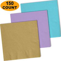 150 Lunch Napkins, Glittering Gold, Lavender, Island Blue - 50 Each Color. 2 Ply Paper Dinner Napkins. 6.5" folded, 13.5" unfolded.