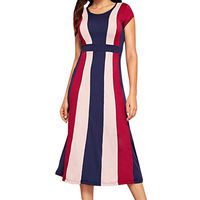 Women Striped Dress Summer Sexy Maxi Dresses Causal O-Neck Long Dress Sundress with Belt (Red, M)