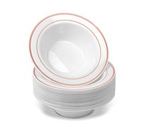 BloominGoods 100 Disposable Plastic Dessert Bowls | SMALL 6 oz. White Rose Gold Rimmed Premium Heavy Duty Real China Design Reusable | Great for Parties (50-Pack)