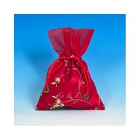 2 of Red Small Pull-Close Pouches (Floral Embroidery Fabric) 6 1/4 x 9 Inch