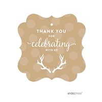 Andaz Press Birthday Fancy Frame Gift Tags, Thank You for Celebrating with Us, Tan Deer Antlers, 24-Pack, for Gifts and Party Favors