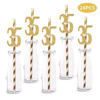 35th Birthday Paper Straw Decor, 24-Pack Real Gold Glitter Cut-Out Numbers Happy 35 Years Party Decorative Straws