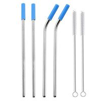6 Pcs Stainless Steel Straws Set - Pausseo Reusable Metal Drinking Straw with Cleaning Brush for Milkshakes Frozen Drinks - 2 Straight Straws - 4 Bent Straws - 2 Brushes (Blue)