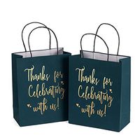 LaRibbons Medium Size Gift Bags - Gold Foil"Thanks for celebrating with us" Navy Paper Bags with Handles for Wedding, Birthday, Baby Shower, Party Favors - 25 Pack - 8" x 4" x 10"