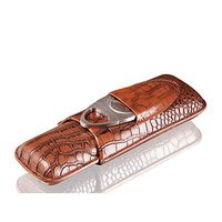 Outdoor Leather Cigar Humidor, 2 Capacity Cedar Wood Lined Pen Holder, Travel Portable Cigar Case Bag with Silver Stainless Steel Cutter