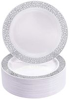 NERVURE Disposable Silver Plastic Plates, Lace Design - 60-Pack, 9-Inch - Perfect for Salads, Desserts, Tapas, and Appetizers