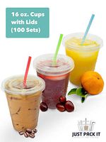 [100 Sets - 16 oz. With Lids] PREMIUM Plastic Cups With Flat Lids - Ice Coffee Juice Smoothie Clear Disposable Recyclable Cups | For Iced, Cold, Frozen, Cool or Room Temperature Beverages