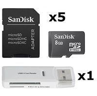 5 Pack - SanDisk 8GB MicroSDHC Memory Card SDSDQAB-008G (Bulk Packaging) LOT of 5 with Sandisk SD Adapter and 1 x USB 3.0 MicoSD & SD Memory Card Reader