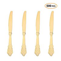 Plastic Gold Knives Heavyweight 600 Pcs - Heavy Duty Fancy Baroque Silverware - Disposable Knife Party Set - Bulk Cutlery Utensils Flatware Supplies For Wedding, Easter, Birthday & All Occasions