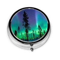 Northern Lights Aurora Borealis Portable Round Silver Pill Box Pocket 3 Compartment Medicine Case for Pocket Or Purse