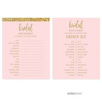 Andaz Press Blush Pink Gold Glitter Print Wedding Collection, Wedding Word Scramble Bridal Shower Game Cards, 20-Pack