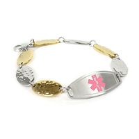 My Identity Doctor - Custom Engraved Medical ID Bracelet for Women - Gold Tone Steel 1.5cm Petals - Pink - Wrist Size 6 Inch