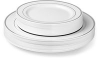 Laura Stein Designer Dinnerware Set of 40 Premium Plastic Wedding/Party Plates: White, Silver Rim. Set Includes 20 10.75" Dinner Plates & 20 7.5” Salad Plates | Classic Series