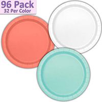 96 Paper Dinner Plates (9") - White, Coral, Mint - 32 Per Color, 3 Colors - Great Assortment for Birthday Parties, Weddings, Holidays, Baby Shower, Celebrations, and more