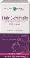 Vitamin World Hair, Skin and Nails Formula 240 caplets, Type I and III Collagen, 3000mcg Biotin, Antioxidant, Coated, Gluten Free