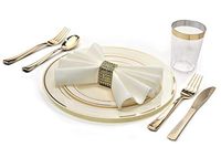 " OCCASIONS" 1080 pcs/120 Guest-Full Tableware Set - Wedding Disposable Plastic Plates Silverware, Gold Rimmed Tumblers & Linen Feel Napkins w/napkin Rings (Combo C, Ivory & Gold Rim)