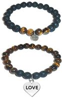 Hidden Hollow Beads Charm Tigers Eye and Black Lava Natural Stone Women's Yoga Beaded Stretch Bracelet Set. Comes in A Gift Box! (Love)