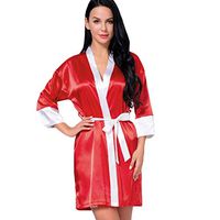 Haxikocty Women Lingerie Robe Satin Silk Gown Pajamas Cardigan Soft Nightdress Splice Bathrobe Red