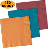 150 Lunch Napkins, Autumn Orange, Turquoise, Burgundy - 50 Each Color. 2 Ply Paper Dinner Napkins. 6.5" folded, 13.5" unfolded.