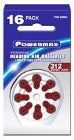 Powermax Size 312 Hearing Aid Batteries, Brown Tab, 16 Count