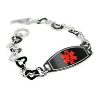 My Identity Doctor - Custom Engraved Medical Alert Bracelet for Women - 1cm Steel Black Hearts - Red, Black - Wrist Size 6 Inch